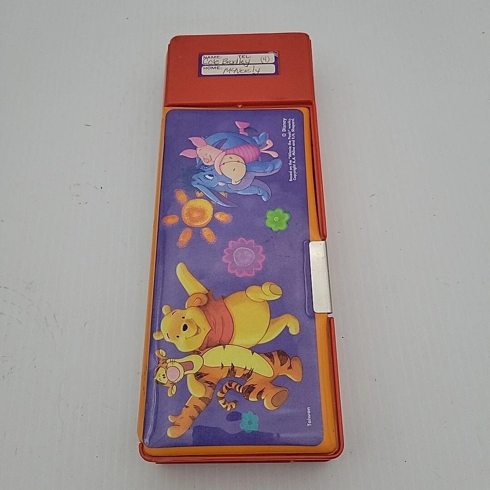Walt Disney Winnie the Pooh Pencil Case Push Button Popup Sharpener Calendar vtg